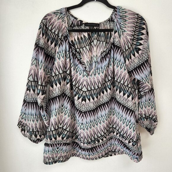 Sanctuary Sheer Chiffon Pastel Geometric Pleated Hem Long Sleeve Blouse Top XS - Picture 1 of 9